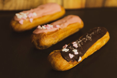 A closeup shot of delicious dessert with cream on the tableの写真素材