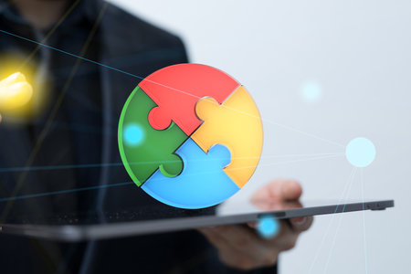 A 3D rendering complete circular puzzle on a tablet - Concept for business strength and success.の写真素材