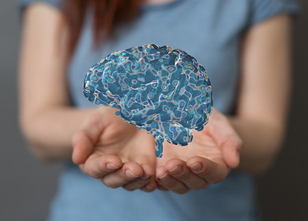 A 3D rendering of a brain on a woman's palms - artificial intelligence and creativity concept