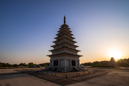 A high able shot of a traditional temple in South Korea in South Koreaの写真素材