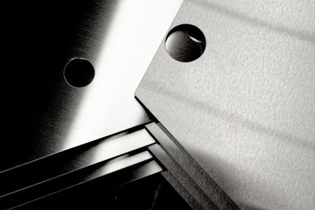 A top view of cut metal shiny silver sheets with a holeforming an abstract geometric designの写真素材