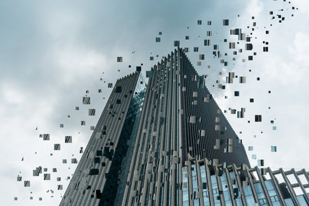 A low angle shot of a modern building with dispersing pixels against a cloudy sky - business failure conceptの写真素材