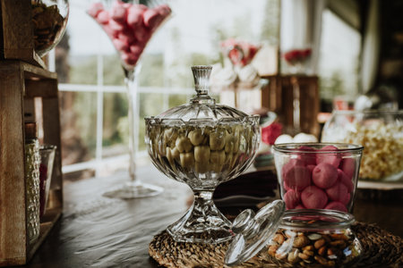 A closeup shot of various sweets in glass bowls on a tableの写真素材
