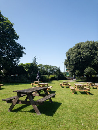 A vertical shot of wooden pavilions on the grass in a sunny parkの写真素材