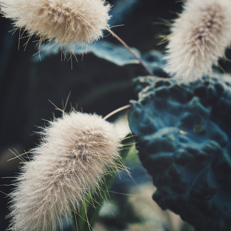 The white dandelions on a blurry dark meadow backgroundの写真素材