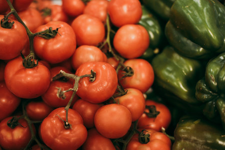 A closeup shot of red tomatoes and green peppersの写真素材