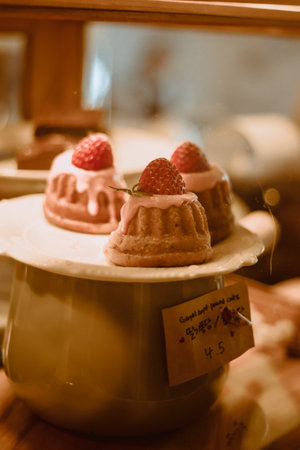 A vertical shot of delicious sweet Gugelhopf pound cakes at a bakery for saleの写真素材