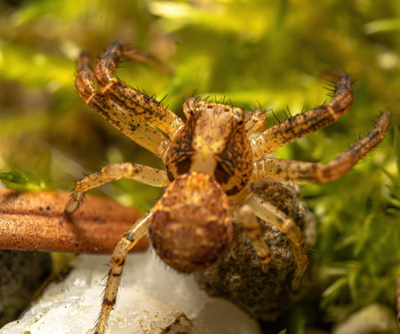 A closeup shot of a spider on a plant with blurred backgroundの写真素材