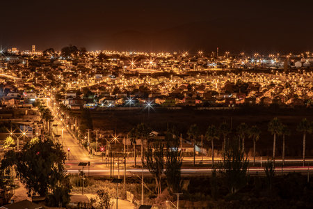 A beautiful night city with illuminated lights, La Serena, Chileの写真素材