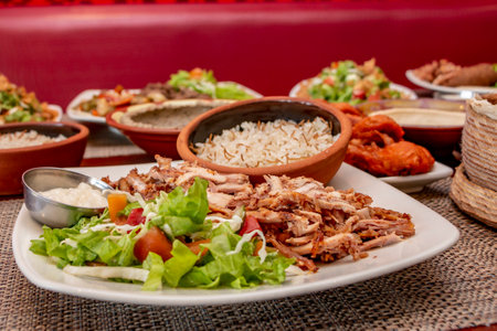 salad plate and meat, shawarma, halal. Tasty Arabic food, with spices and vegetables. variety of arabic food dishesの写真素材