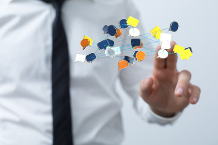 A 3D rendering of touching a messaging and chatting icon. Chat concepの写真素材