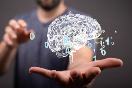 A 3D render of a holographic digital style human brain conveying the idea