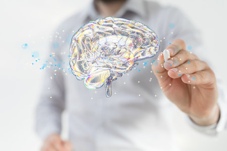 A 3D render of a holographic digital style human brain conveying the ideaの写真素材