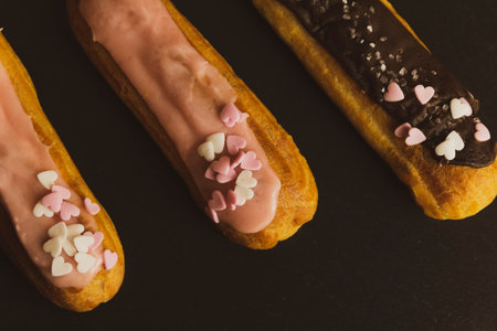 A closeup shot of delicious dessert with cream on a black backgroundの写真素材