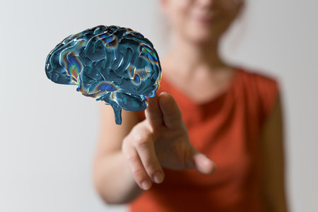 A 3D rendering of brain with a female pointing on it from the background- concept for digital IQ