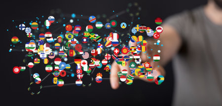 A person presenting the virtual projection of international country flags
