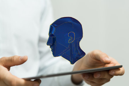 A 3D rendering of a head on a tablet - artificial intelligence and creativity concept