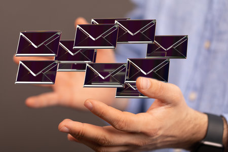 the male hand with a 3d rendering of online message concept of lettersの写真素材