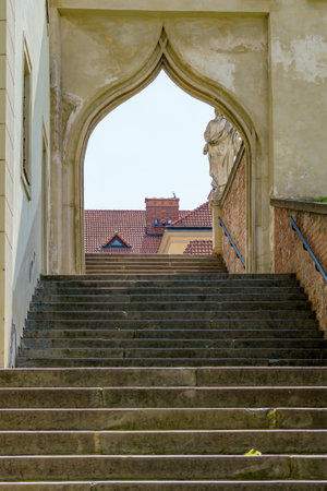 A vertical shot of the entrance of a Cathedral of St. Peter and Paul in Brno, Czech republicの写真素材