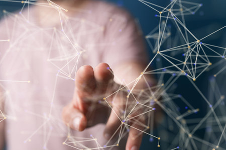 A 3D rendering of a hand touching the abstract line connections- concept for digital communicationの写真素材