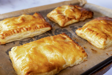 Four freshly baked apple pies on a trayの写真素材