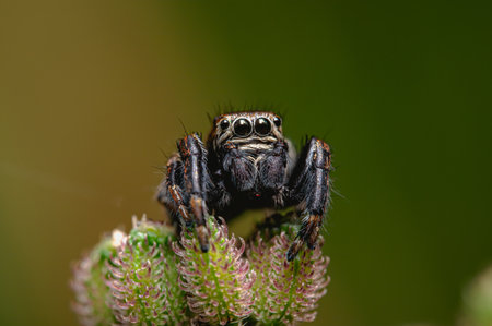 A closeup shot of a spider on a plant with blurred background