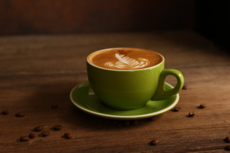 Beautiful coffee art in green cup on wooden background.の写真素材