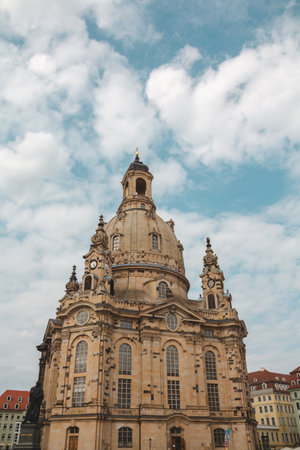 The Frauenkirche with white clouds and blue sky in the background.の写真素材