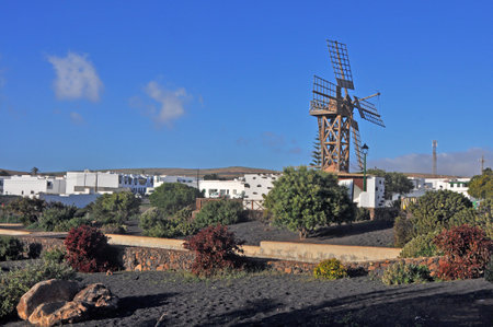 Old wooden windmill in village on Spanish island Lanzaroteの写真素材