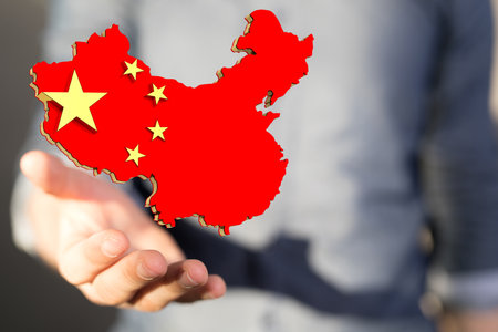 the male hand with 3d render of map of chinaの写真素材