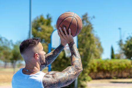 A view of a sporty Caucasian male with tattoos playing basketballの写真素材