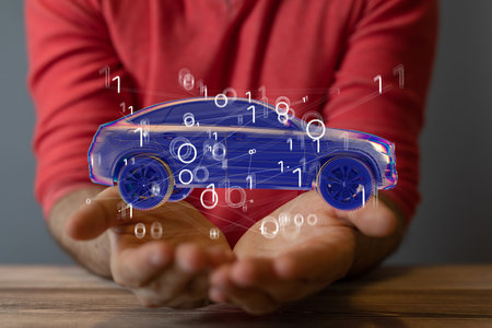 A 3D rendering of a modern electrical car on a blurry backgroundの写真素材