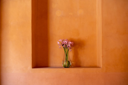 Wilting and dying pink or purple flowers in a glass vase, in an alcove on a ochre terracotta orange wall, symbolising sadness, loss, time, entropy.の写真素材