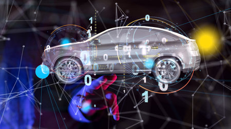 A 3D rendering of a digital car in the virtual space with connected linesの写真素材