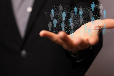 A conference teamwork connection digital concept above hand of a man in the backgroundの写真素材