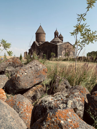 A vertical view of historic Saghmosavank monastic complex in Saghmosavan, Aragatsotn Province, Armeniaの写真素材