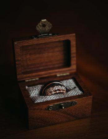 A vertical shot of engagement rings in a wooden box