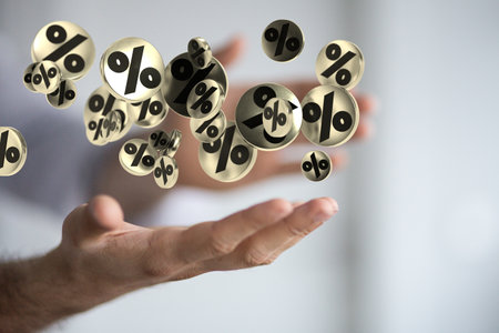 A person presenting the virtual projection of percent signs - sale or discount concept