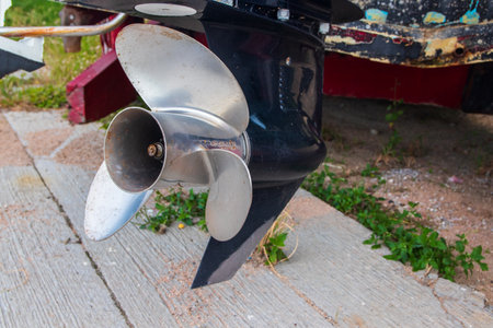 Boat propeller installed on the engine of F1 speed board to improvement engine boat speed in the competition gameの写真素材
