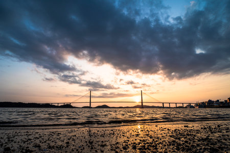 A high angle shot of the seascape with sunset reflected in the water in South Korea