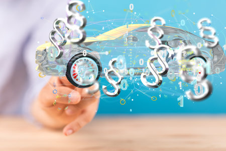 A 3d rendering of law paragraph symbols and a digital car concept in scattered bits and schemesの写真素材