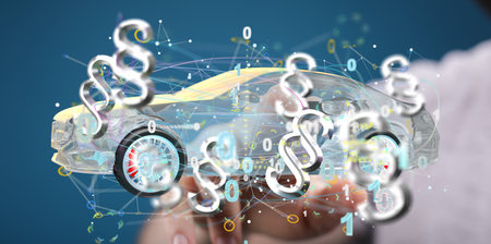 A 3d modeling of a silver digital car concept surrounded by law symbols and bit schemes on a blue backgroundの写真素材