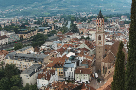 Picture shows the city of Meran in South Tyrol taken with a wide angle shotの写真素材