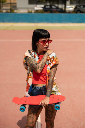 A vertical shot of a Spanish Caucasian girl with tattoos and short black hair, holding a skateboard outdoorsの写真素材