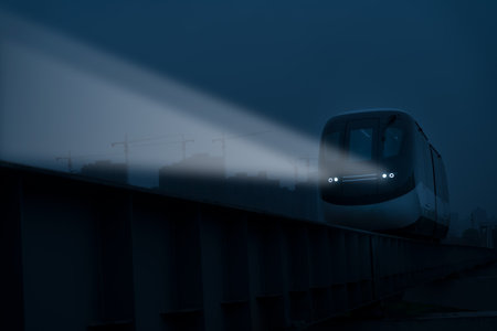 A train with illuminated headlights at night timeの写真素材