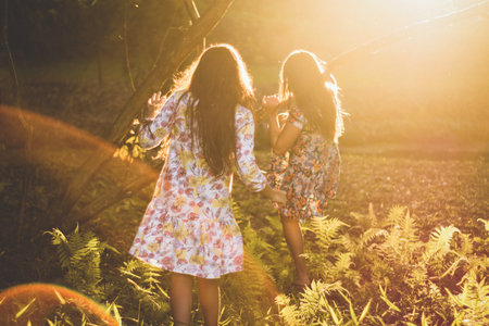 Two girls in a field covered in fern leaves under the bright sunlight during the golden hourの写真素材