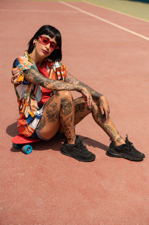 A vertical shot of a Spanish Caucasian girl with tattoos and short black hair, sitting on a...