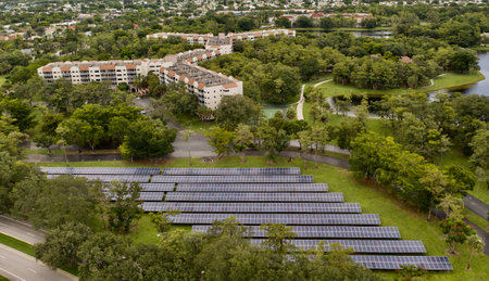 An aerial shot of solar panels in a cascade in the field in Floridaの写真素材