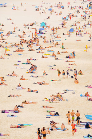 A vertical shot of a group of people lying on a beach on a sunny dayの写真素材