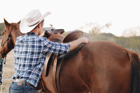 A young male in a white hat fixing the saddle of a brown horse in the fieldの写真素材